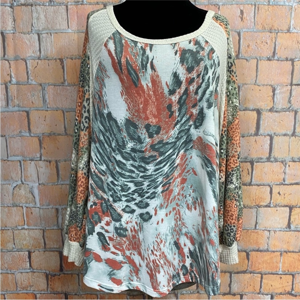 Ces Femme Mixed Print Plus Size‎ Raglan Sleeve Top